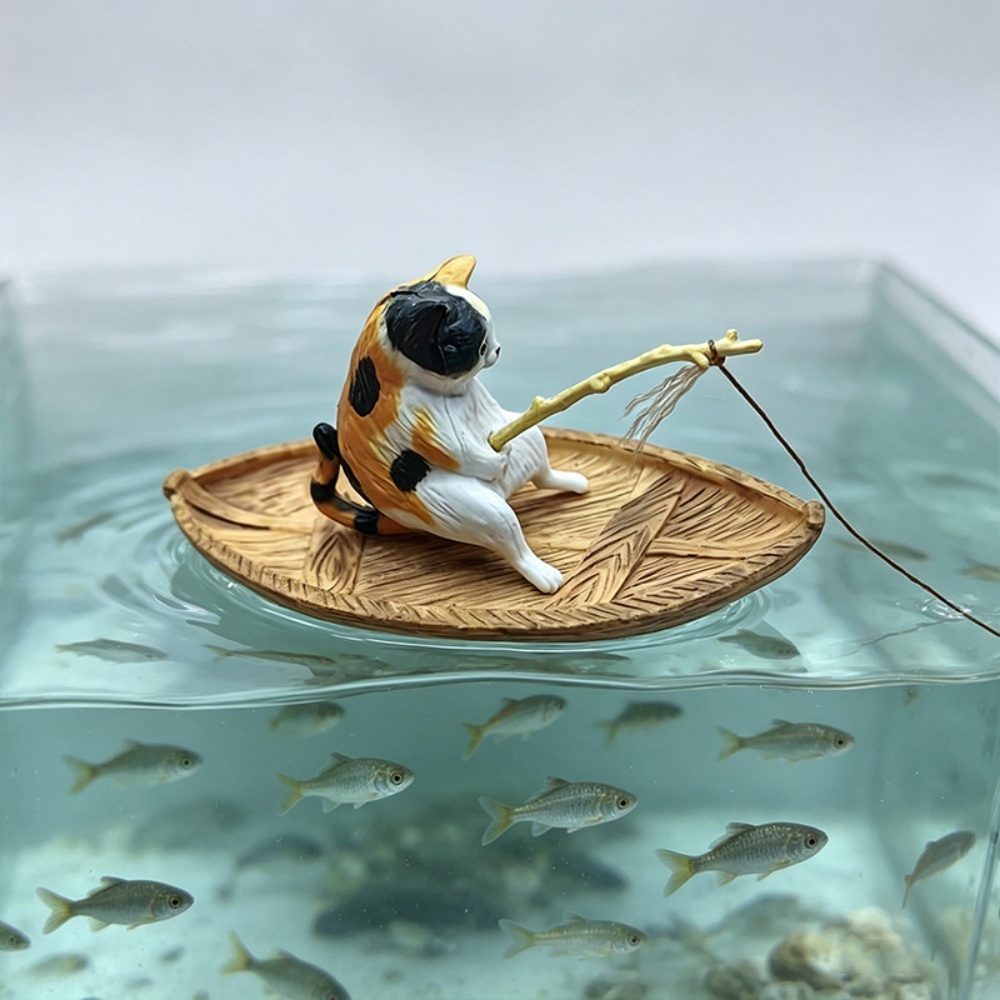 Aquarium Marina - クリエイティブな猫の釣り船水槽飾り 高品質樹脂製 耐久性のある水槽装飾 海洋テーマの装飾
