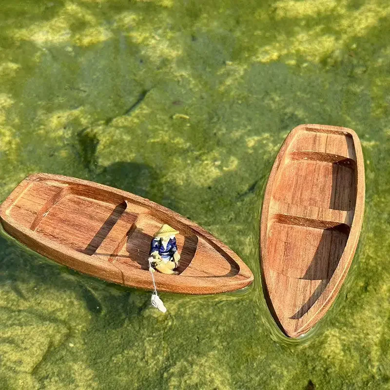 Aquarium Marina - 手作り木製ボートミニフローティングボートモデル漁師猫漁船水槽池の装飾水族館アクセサリー