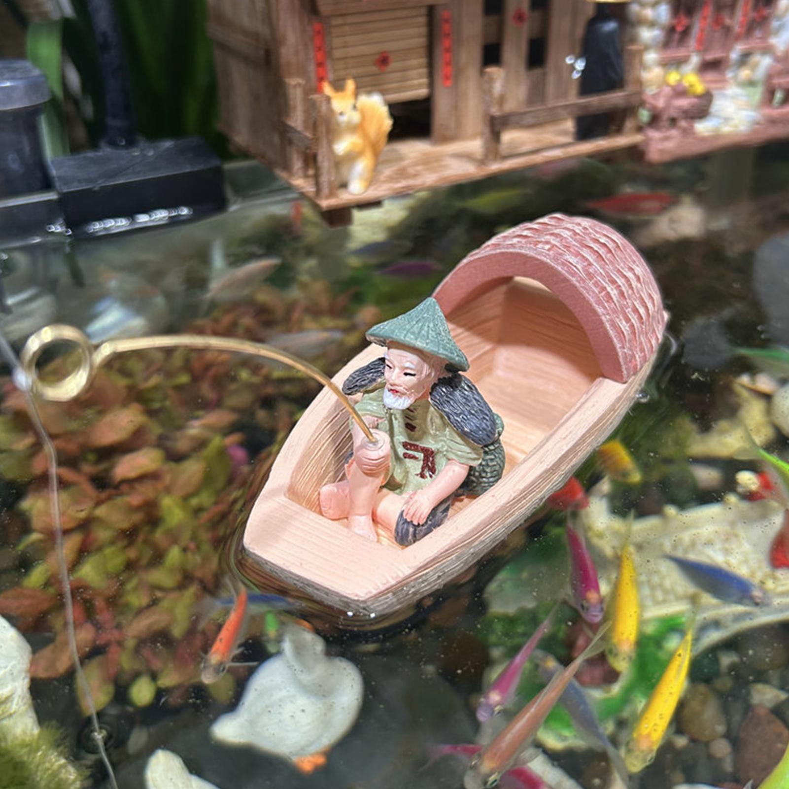 Aquarium Marina - 樹脂製フローティングフィッシャーマンボートオーナメントミニシーンデコレーション水槽ロックレイヤーレイアウトアクセサリー魚タンク池装飾用